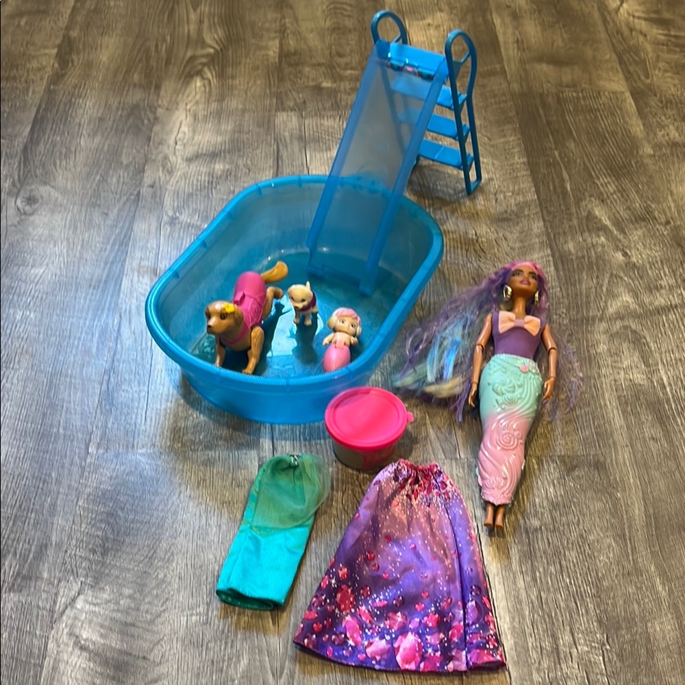 Barbie pool with rescue dog and puppie, mermaid doll and ladder